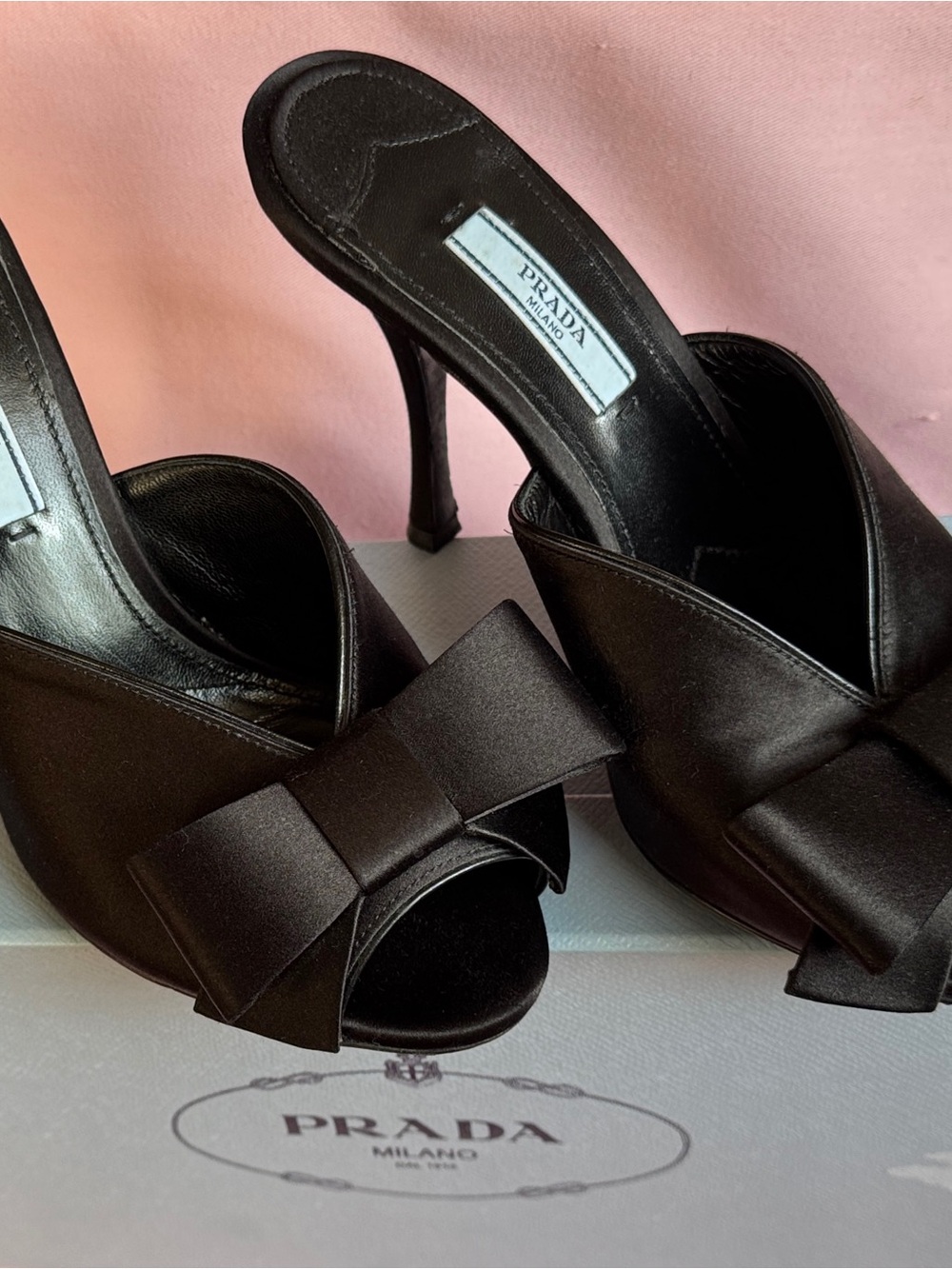 Elegant Prada Black Satin Peep Toe Mules Featuring Dramatic Oversized Bows